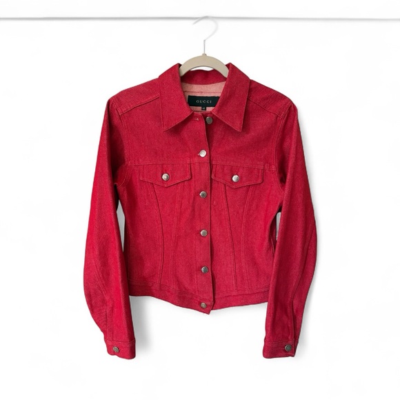 🔥GUCCI•Vintage Tom Ford Era Denim Jacket Red Sz IT42 - Picture 1 of 5